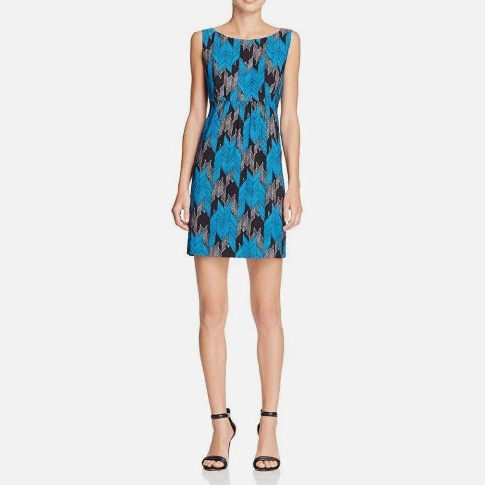MILLY "Lyla" Graphic Chevron Arrow Print Blue and Black Sheath Midi Dress Sz 10